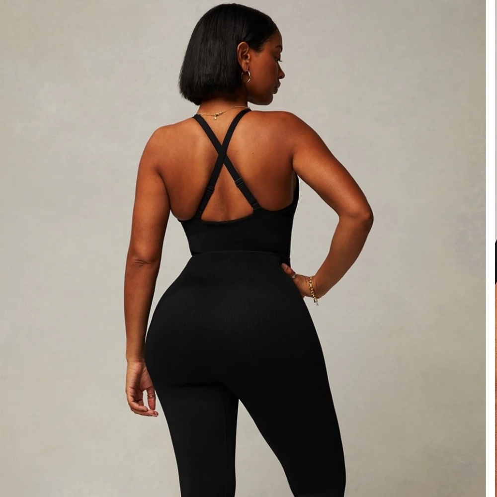 Fabletics Black Ribbed Jumpsuit - Crossback Active One-Piece